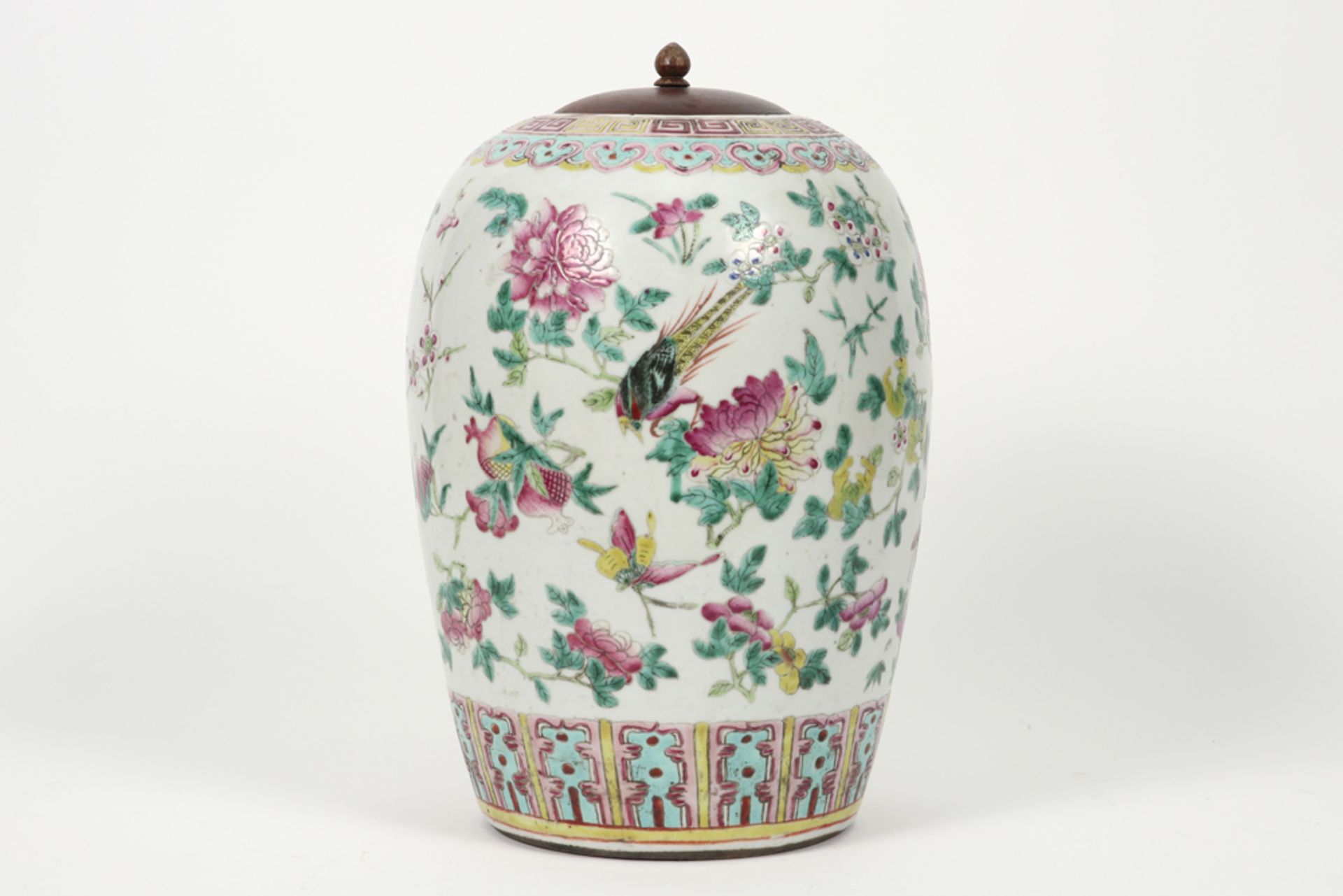 antique Chinese ginger jar in porcelain with a 'Famille Rose' decor with flowers and birds and - Image 2 of 5