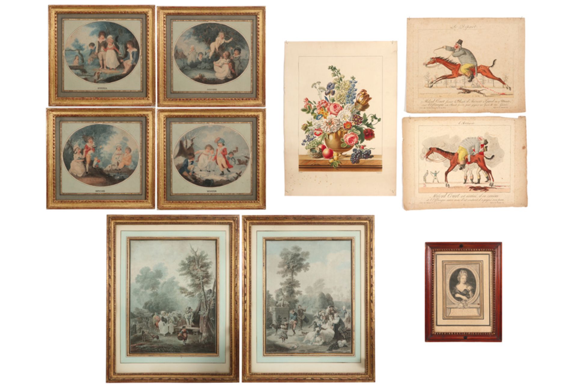 six antique prints amongst which the Four Seasons || Lot (6) antieke grafiek met oa de "Vier