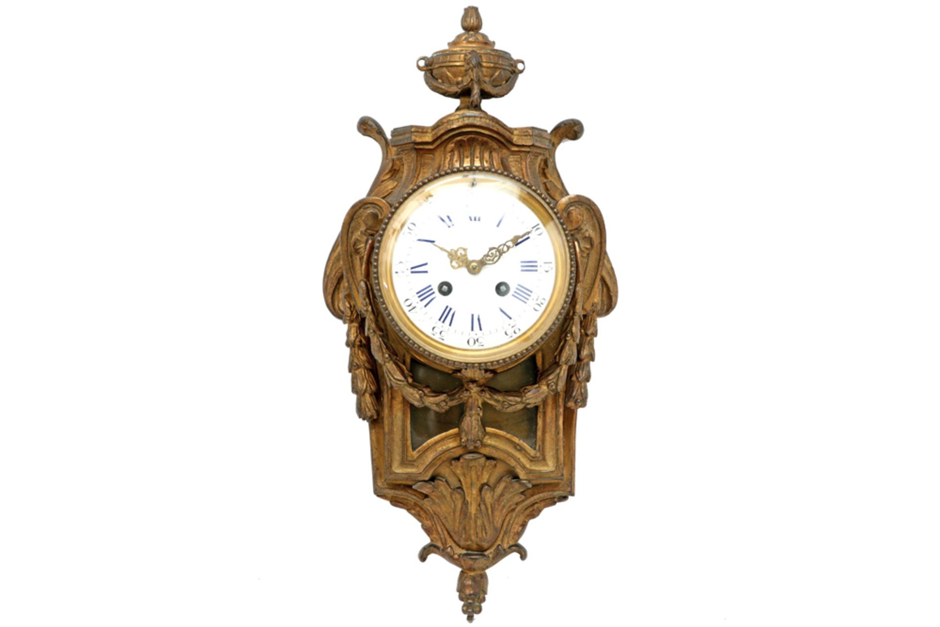 small antique French wall clock with its neoclassical case in gilded bronze and with a P. Marti