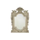 antique imposing mirror with a baroque style frame in painted and sculpted wood || Antieke imposante