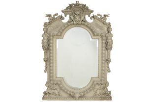 antique imposing mirror with a baroque style frame in painted and sculpted wood || Antieke imposante
