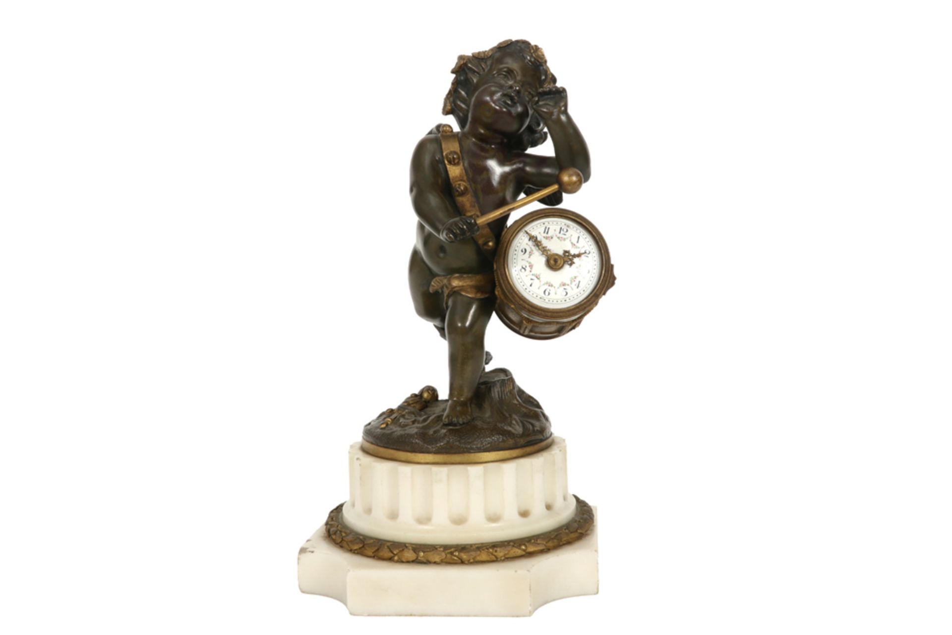 antique neoclassical sculpture with a cupid in partly decorated bronze that beats a drum, which - Image 5 of 6
