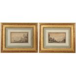 pair of antique "Animated town view" drawings || Paar antieke tekeningen telkens met een