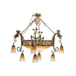 Charles Schneider and François Carion signed Art Deco chandelier in wrought iron with its bowl and