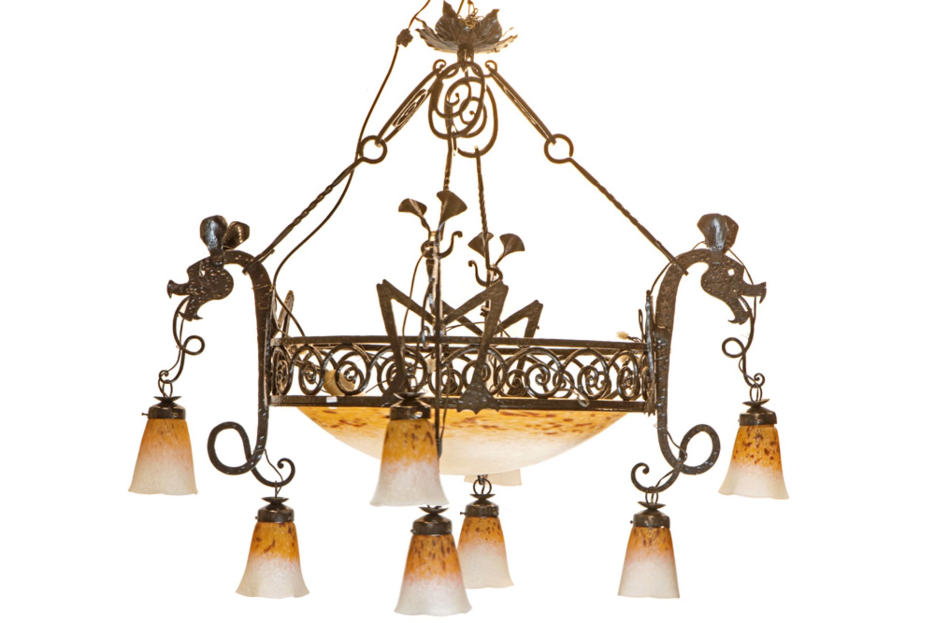 Charles Schneider and François Carion signed Art Deco chandelier in wrought iron with its bowl and
