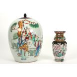 a small Nankin vase and a ginger jar (with wooden lid) in Chinese porcelain with polychrome