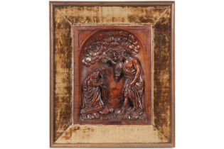 17th Cent. basrelief in fruitwood with a finely sculpted biblical scene with the Baptism of Jesus ||