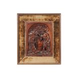 17th Cent. basrelief in fruitwood with a finely sculpted biblical scene with the Baptism of Jesus ||