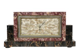 Art Deco clock with its case in red and black marble and with a dial with mother-of-pearl