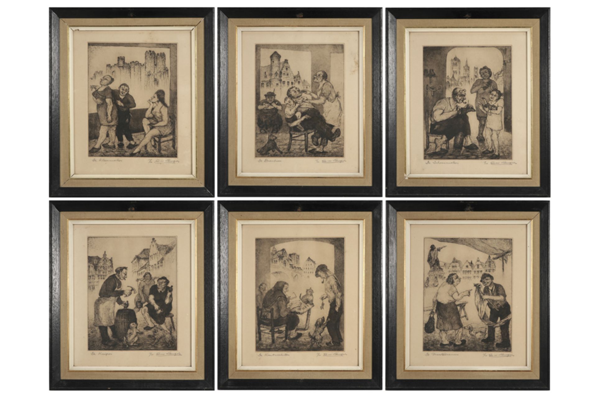 six 20th Cent. Belgian etchings signed Geo Langie || LANGIE GEO (1906 - 1982) serie van zes etsen