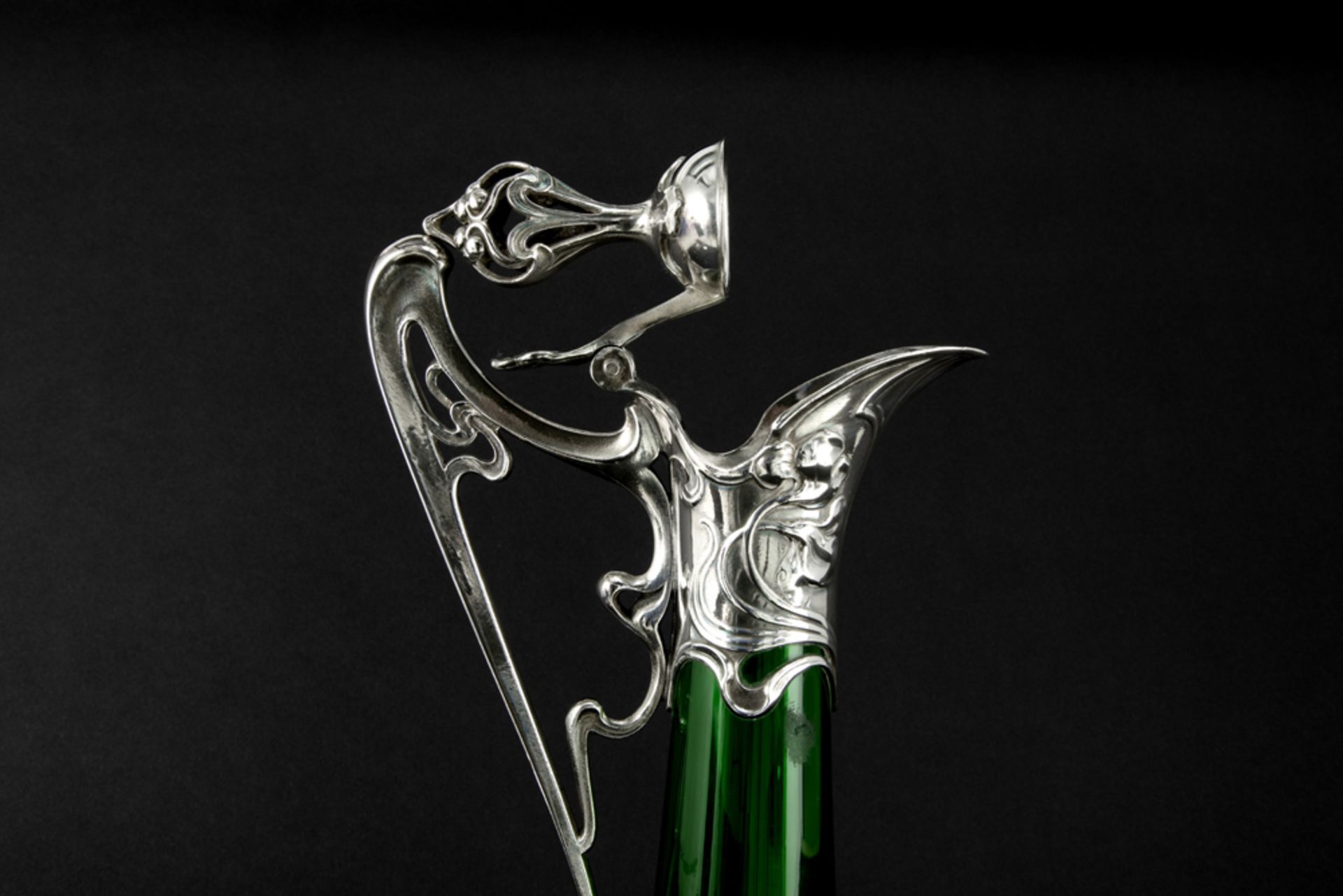 WMF marked Art Nouveau decanter in green glass with a typical mounting with whiplash ornamentation - Image 4 of 5