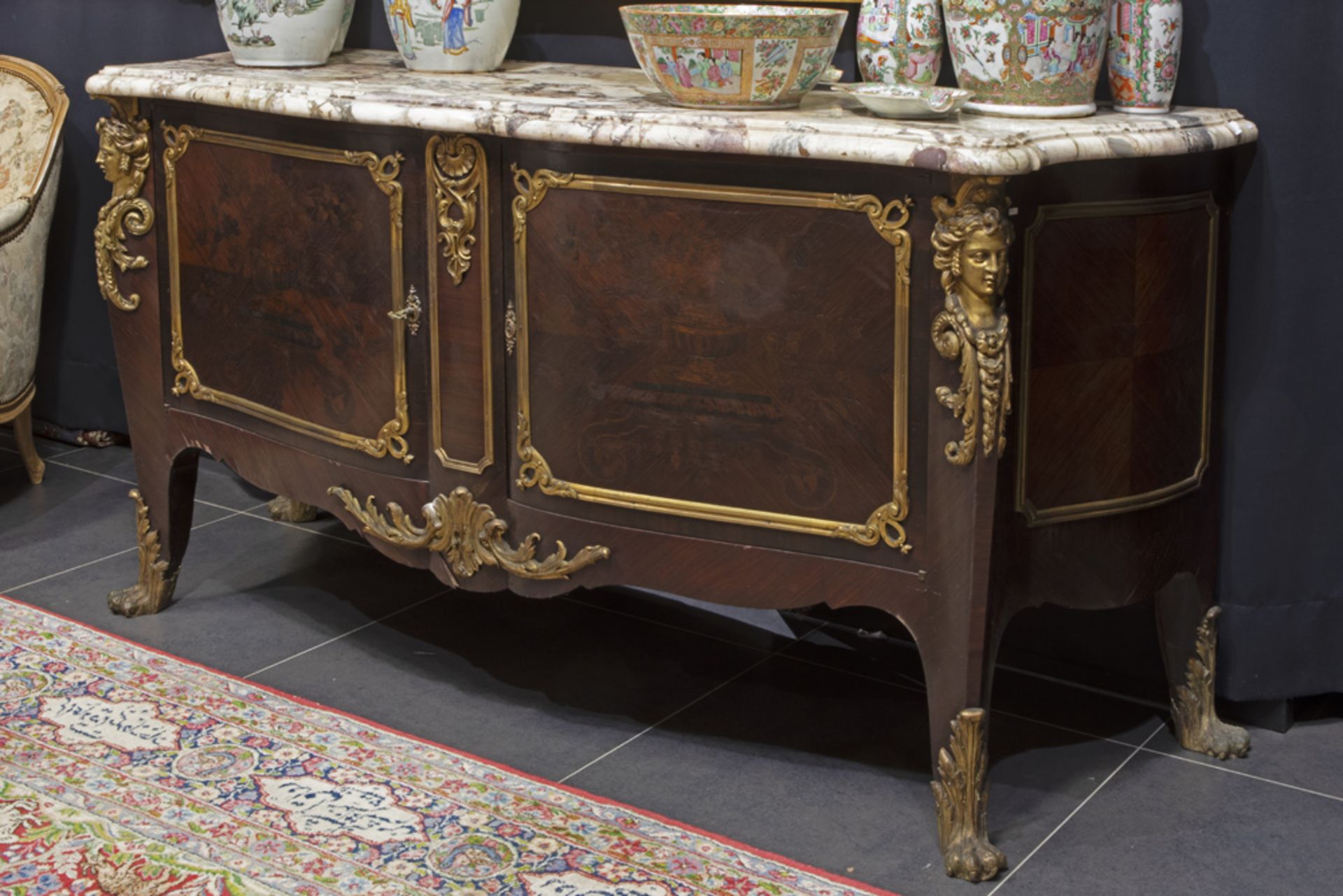 beautiful antique, presumably French Louis XV style sideboard in rose-wood with rich mountings in