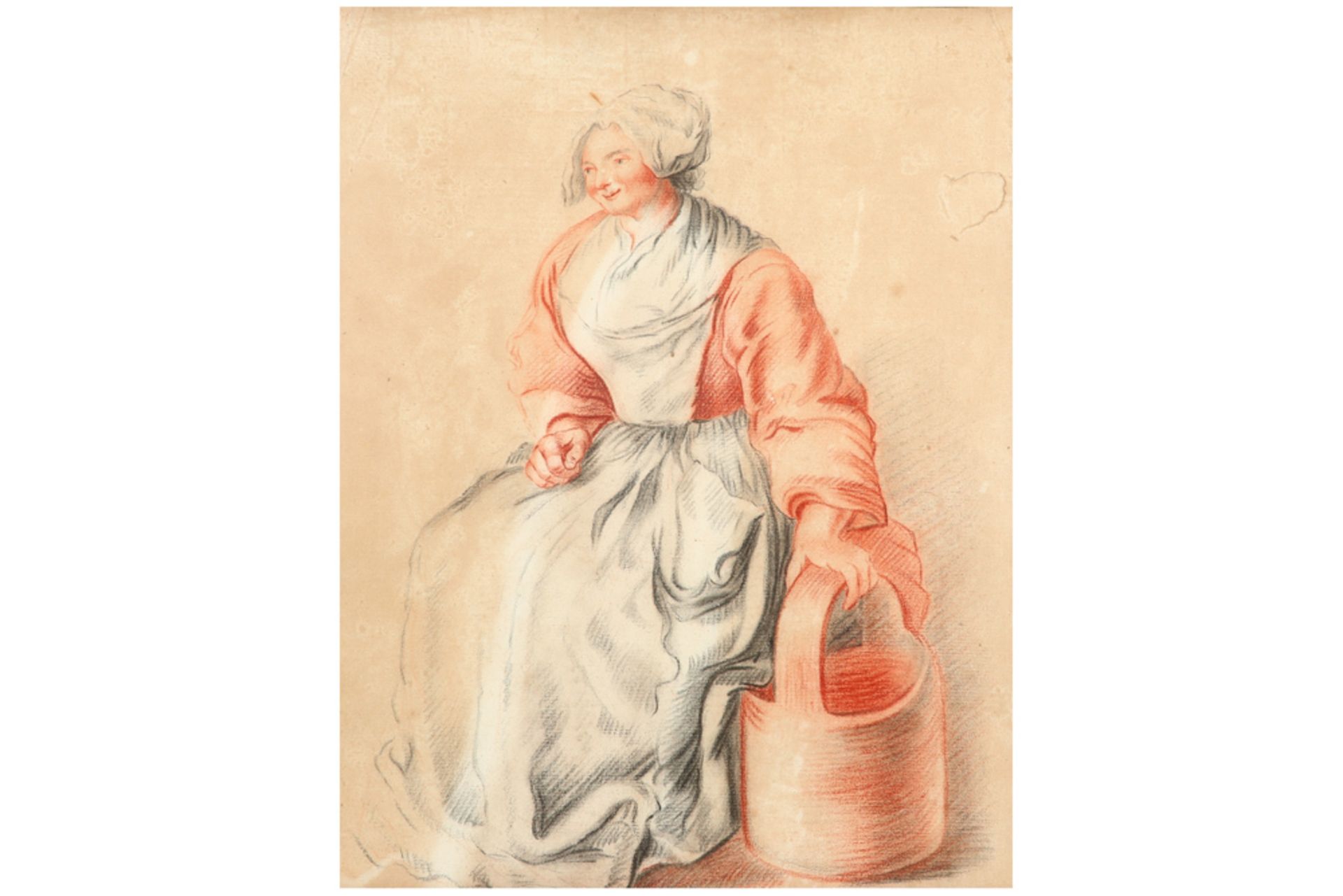 antique color drawing || Antieke kleurtekening : "Vrouw met korf" - 32 x 25