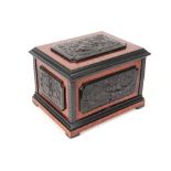 antique cigar box in walnut and ebonized wood with finely sculpted panels with hunting scenes and
