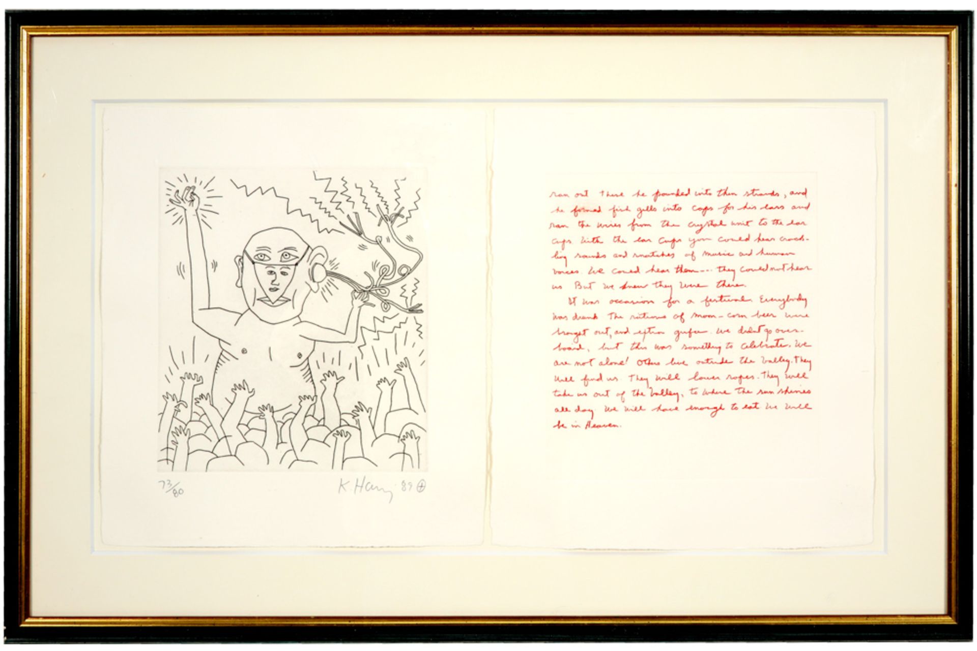 Keith Haring signed "The Valley" etching on Twincrocker paper - framed with a sheet with scripture