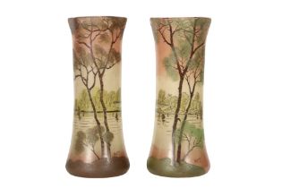pair of Legras signed vases to be dated around 1910/20 in glass with polychromed landscape decors ||