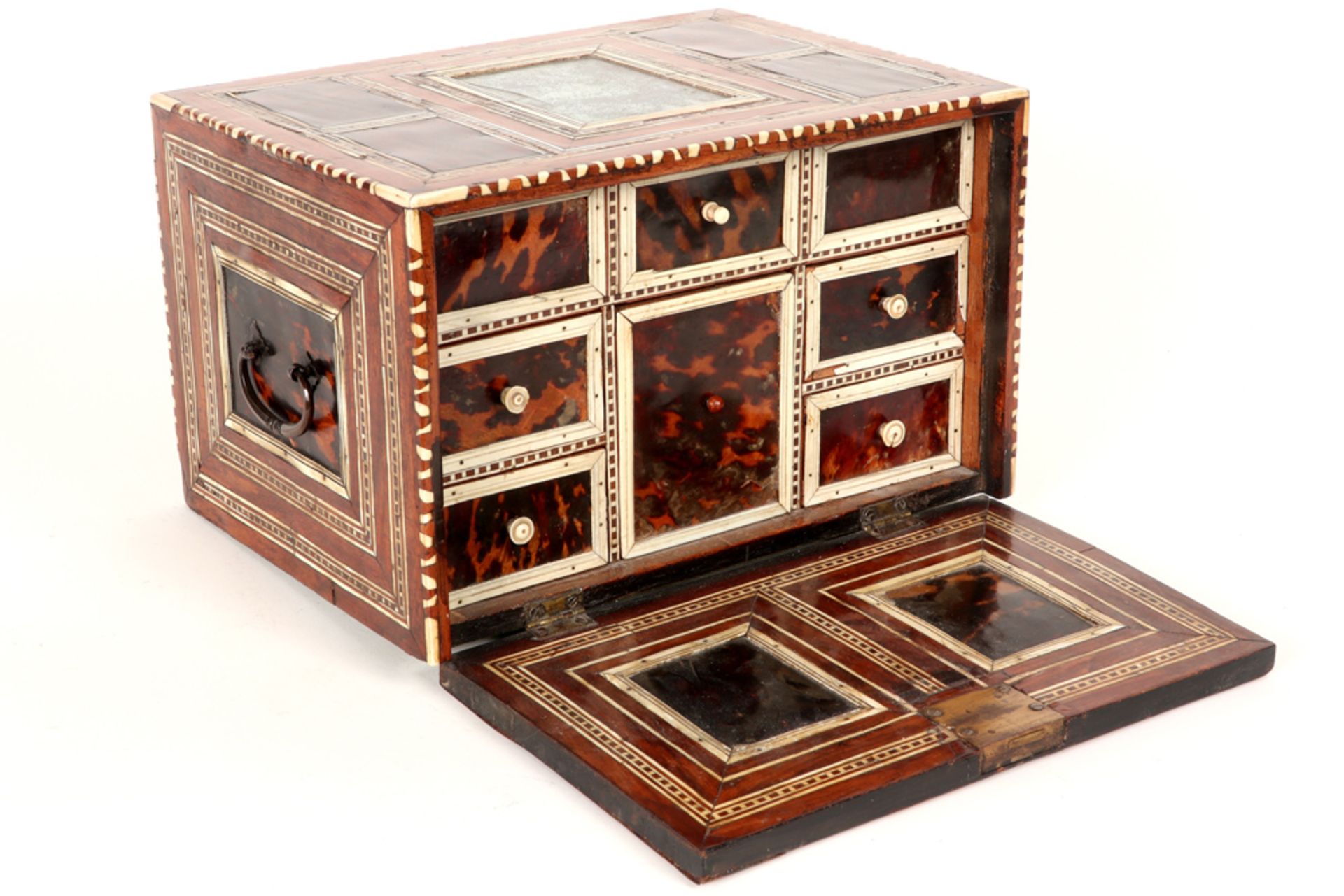 17th Cent. Indo-Portuguese table cabinet in rose-wood, ivory and tortoiseshell with an original - Image 5 of 7