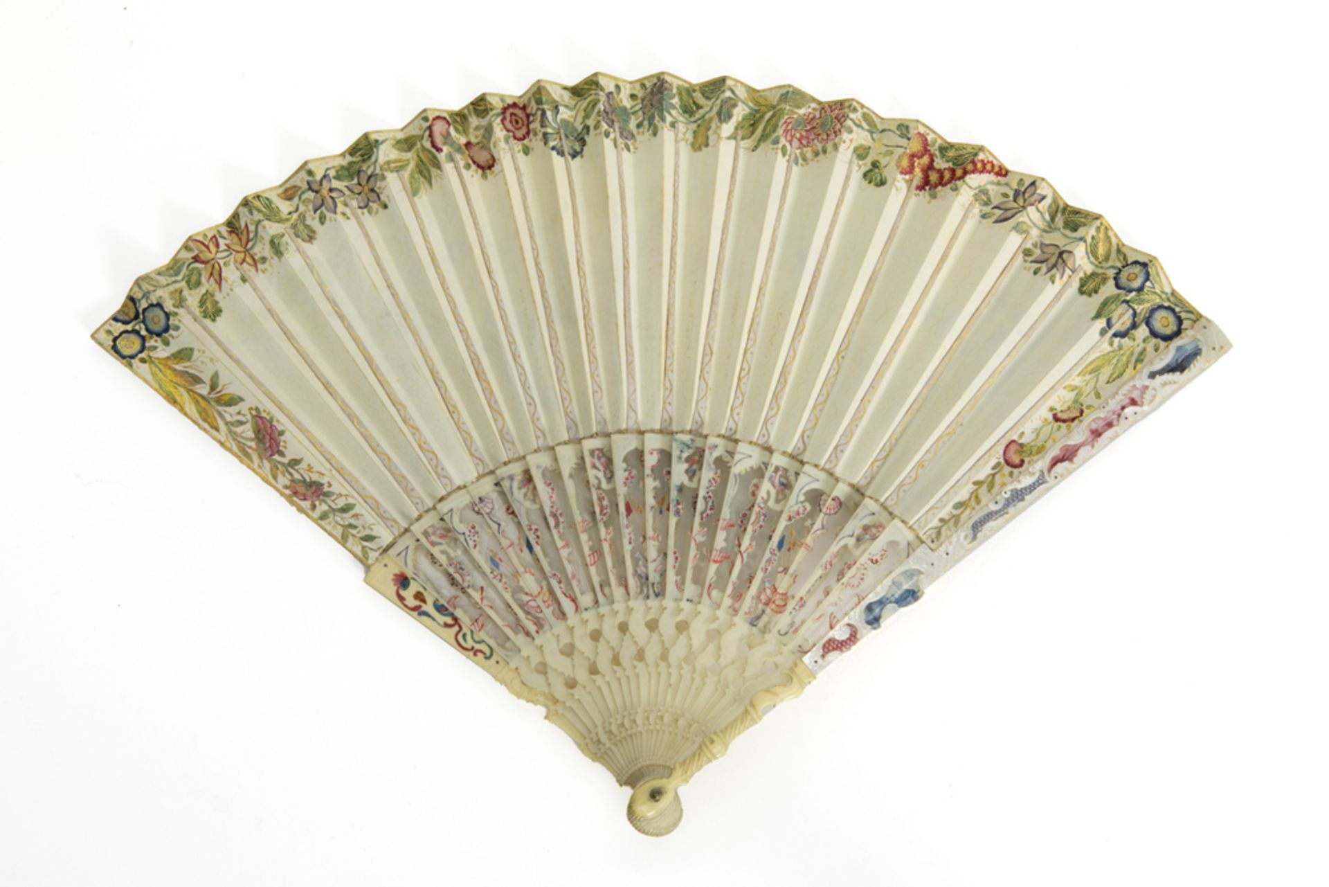 presumably 18th Cent. fan with pins in mother of pearl and bone and with a beautifully painted fan - Image 2 of 4
