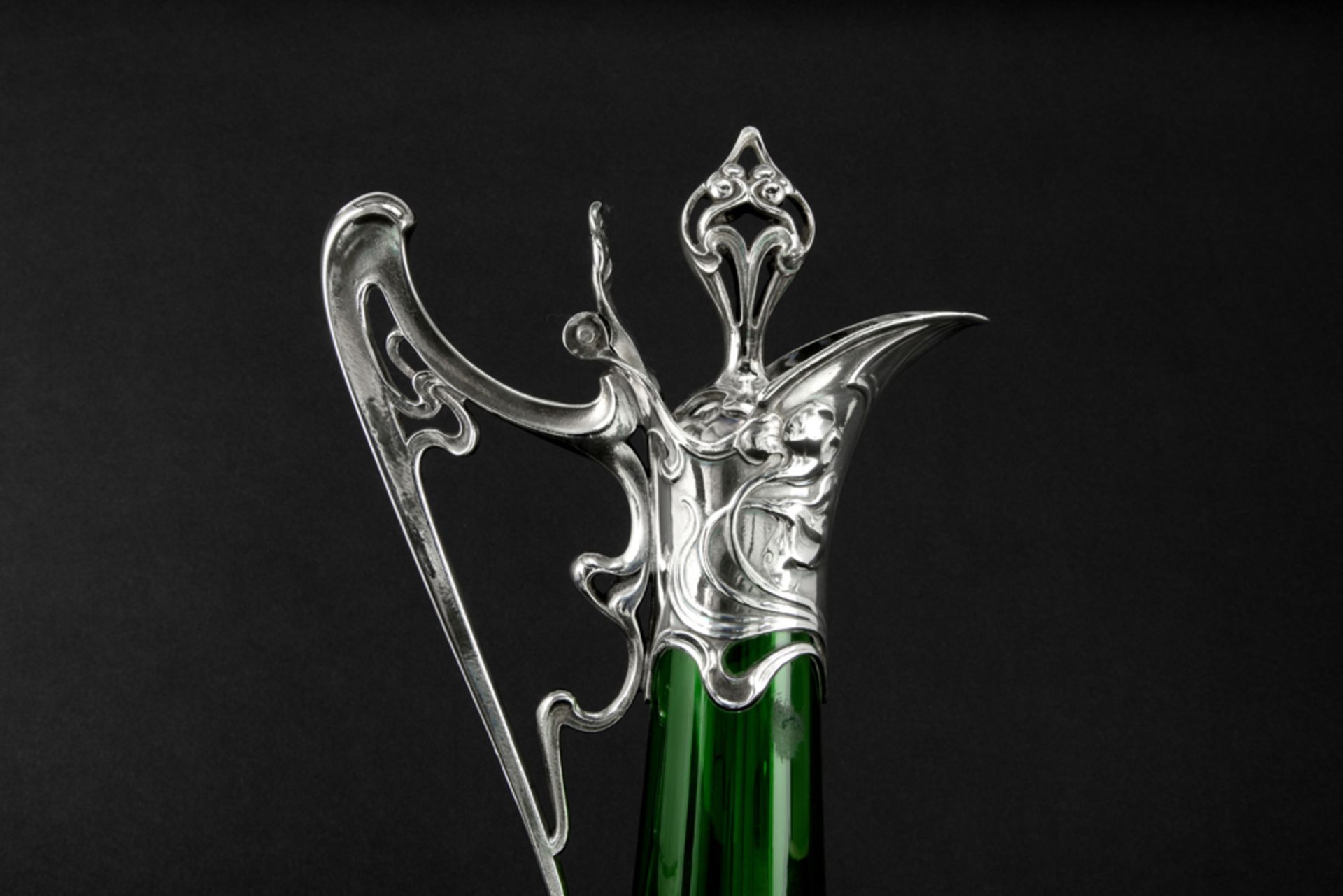 WMF marked Art Nouveau decanter in green glass with a typical mounting with whiplash ornamentation - Image 3 of 5
