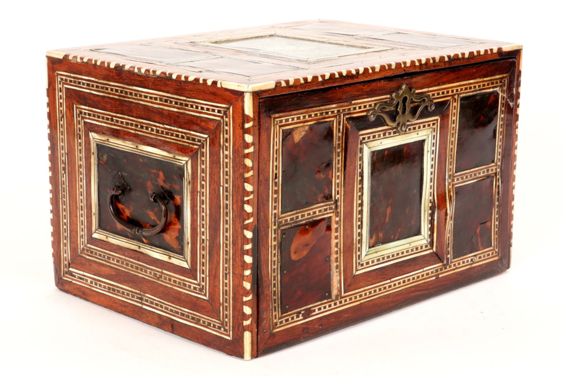 17th Cent. Indo-Portuguese table cabinet in rose-wood, ivory and tortoiseshell with an original - Image 2 of 7