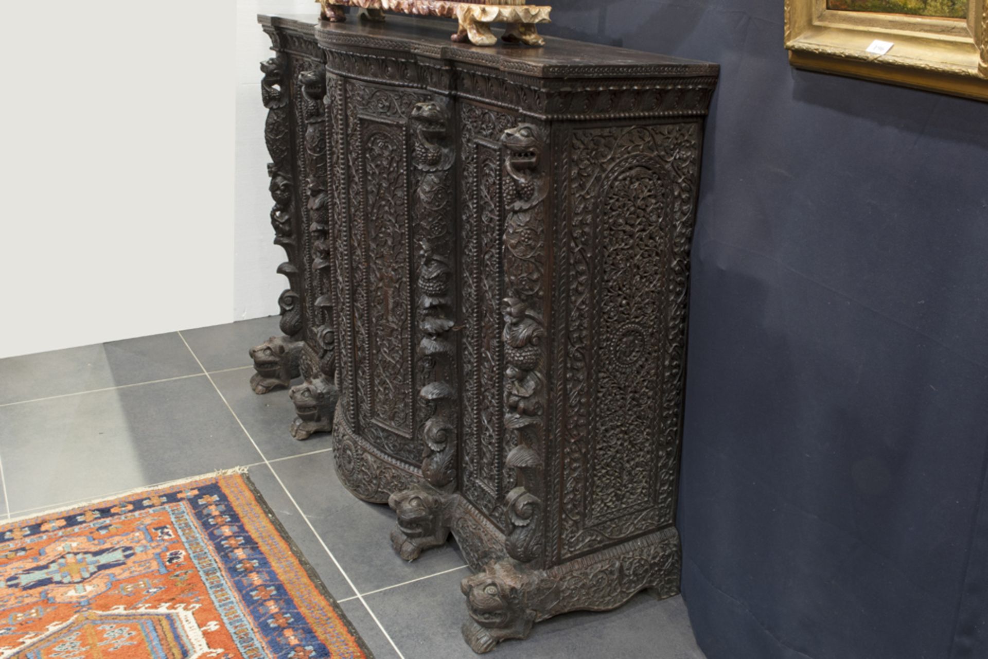antique Oriental-colonial sideboard in very heavy and very richly sculpted exotic wood (probably - Image 3 of 3