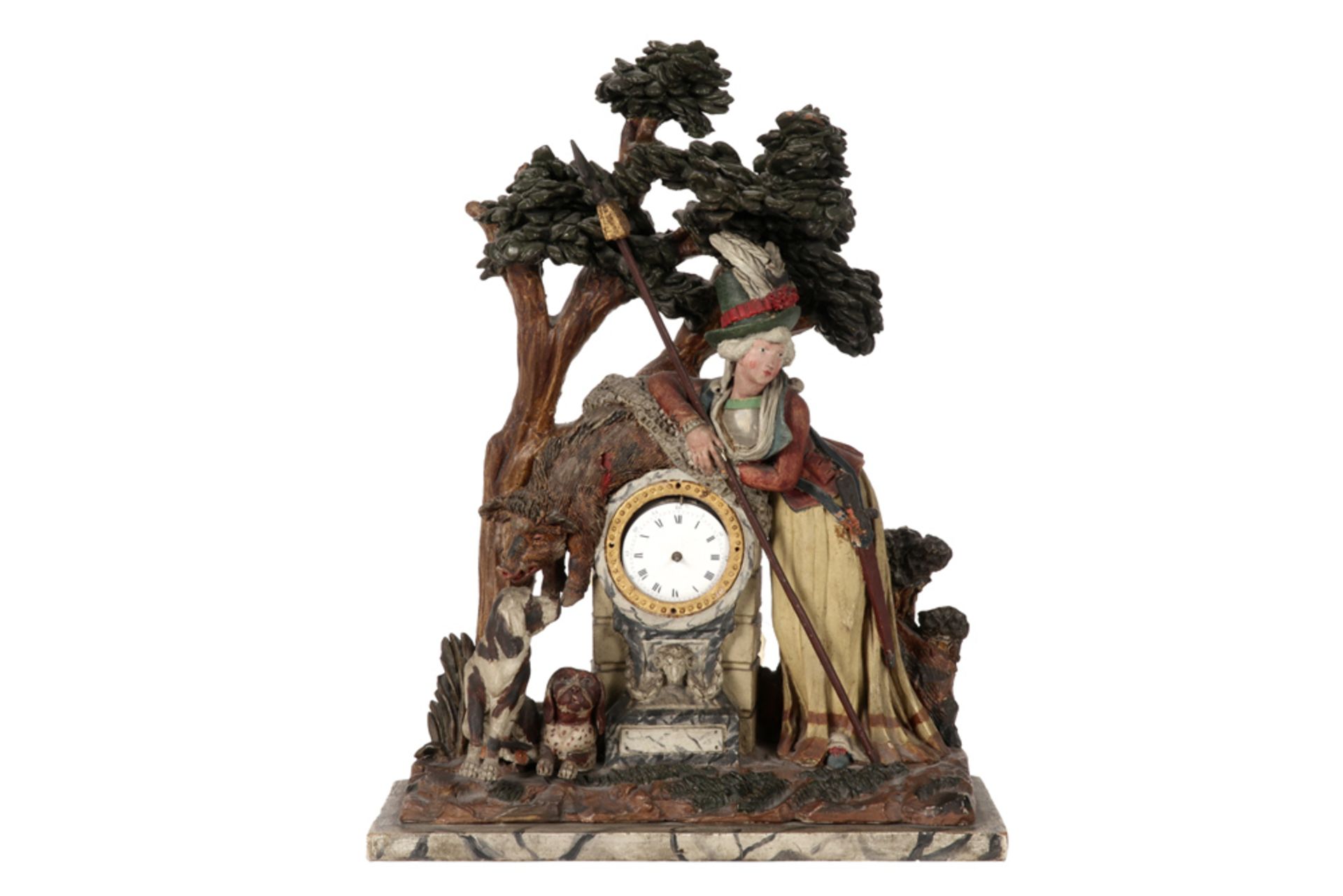 antique "Black Forest" clock with case in polychromed earthenware || Antieke klok uit het Zwarte
