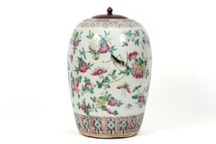 antique Chinese ginger jar in porcelain with a 'Famille Rose' decor with flowers and birds and
