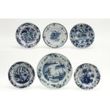 six 18th Cent. plates in ceramic from Delft with a blue-white decor || Lot (6) achttiende eeuwse