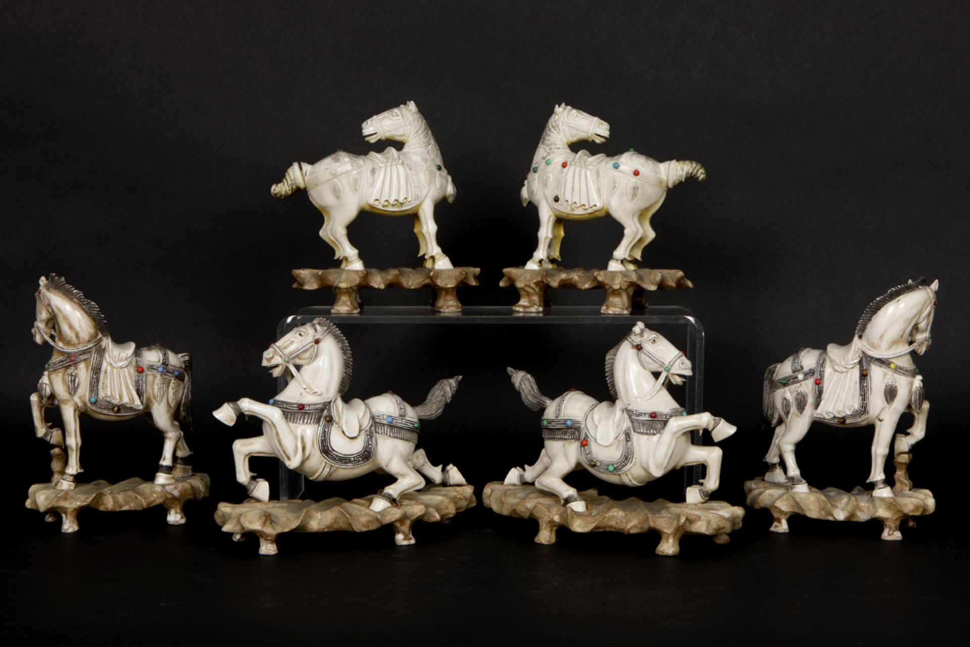 series of six antique Chinese Qing period ivory sculptures with inlay of cabochons and depicting - Image 2 of 3