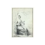 18th Cent. drawing || Achttiende eeuwse opgehoogde tekening : "Jonge dame met luit" - 27,5 x 19