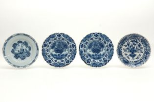 four 18th Cent. plates in ceramic from Delft with a blue-white decor, amongst which a pair with