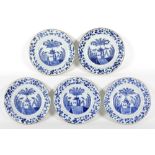 series of five 18th Cent. Chinese plates in porcelain with a blue-white decor || Reeks van vijf