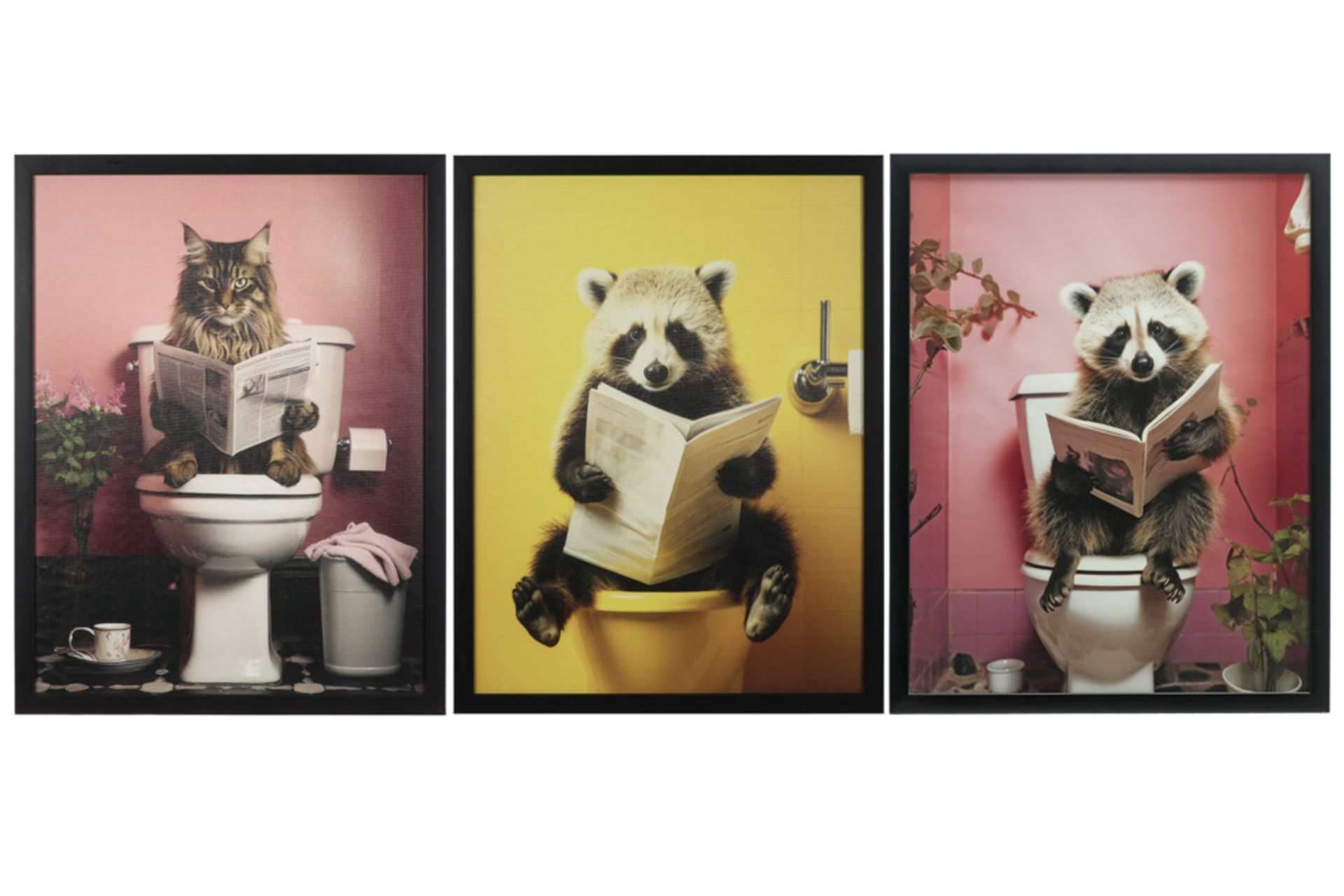 three prints on canvas each of a reading animal (raccoon and cat) || Drie fotoprints op canvas