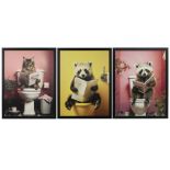 three prints on canvas each of a reading animal (raccoon and cat) || Drie fotoprints op canvas