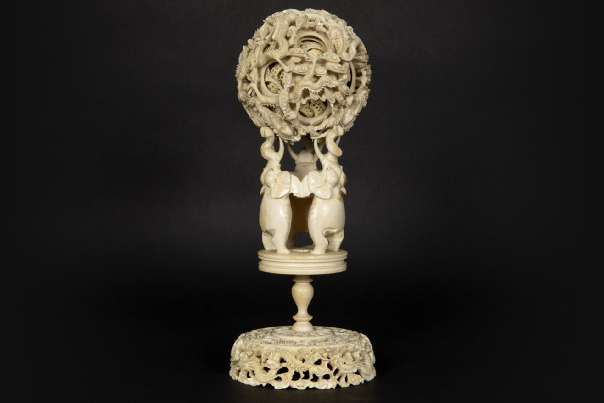 19th Cent. Chinese Qing period "Canton Ball" on a stand with elephants - typical fine Cantonese work