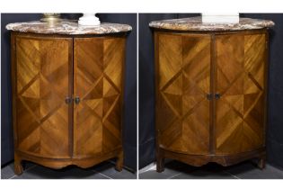 nice pair of 18th Cent. French corner cabinets in parquetry with their original marble top ||