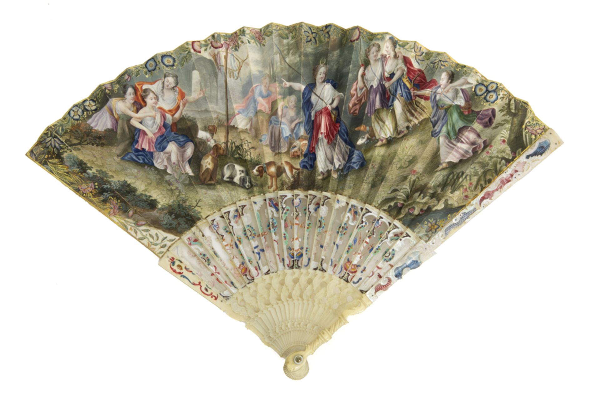 presumably 18th Cent. fan with pins in mother of pearl and bone and with a beautifully painted fan