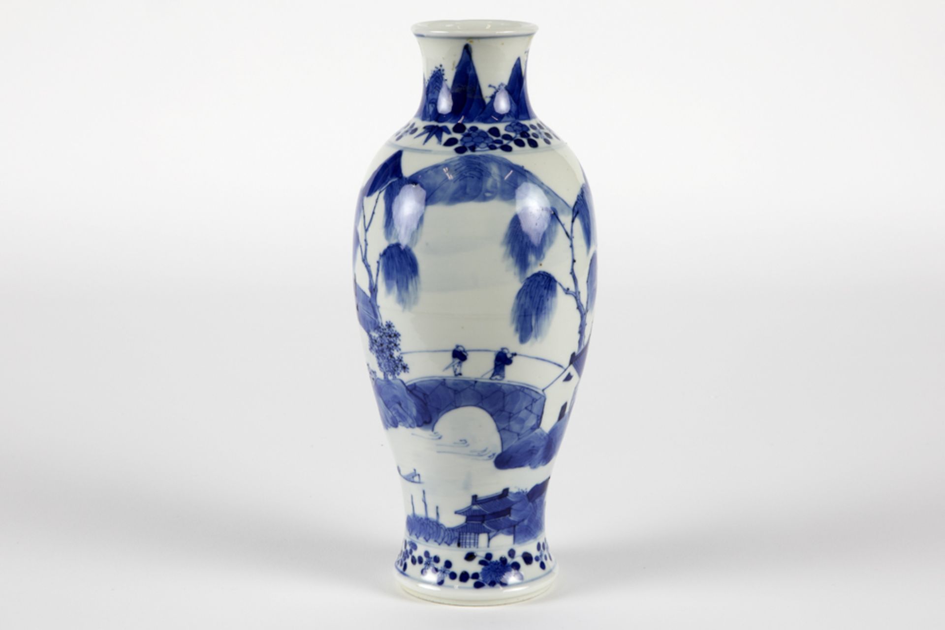 antique Chinese vase in Kang Hsi marked porcelain with a blue-white decor with an animated landscape - Image 2 of 5