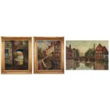 three oil on canvas with views of Bruges || Lot (3) olieverfschilderijen op doek met stadszichten