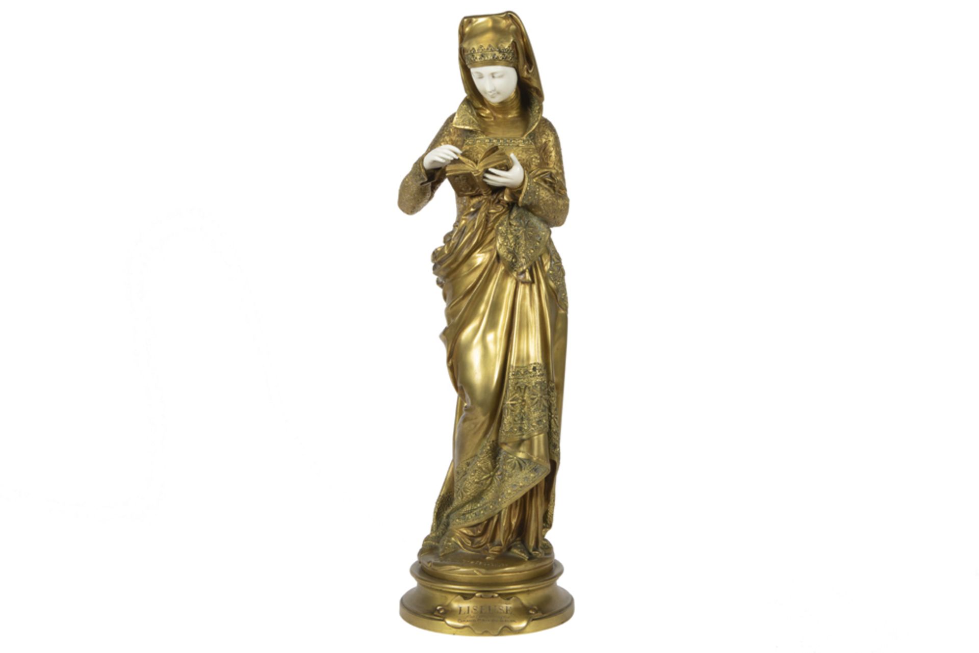 19th Cent.Carrier-Belleuse signed chryselephantine sculpture in gilded bronze and ivory - with