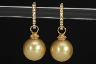 pair of "Saria & C° Antwerp" earrings in yellow gold (18 carat) with typical "Saria South Sea pearls