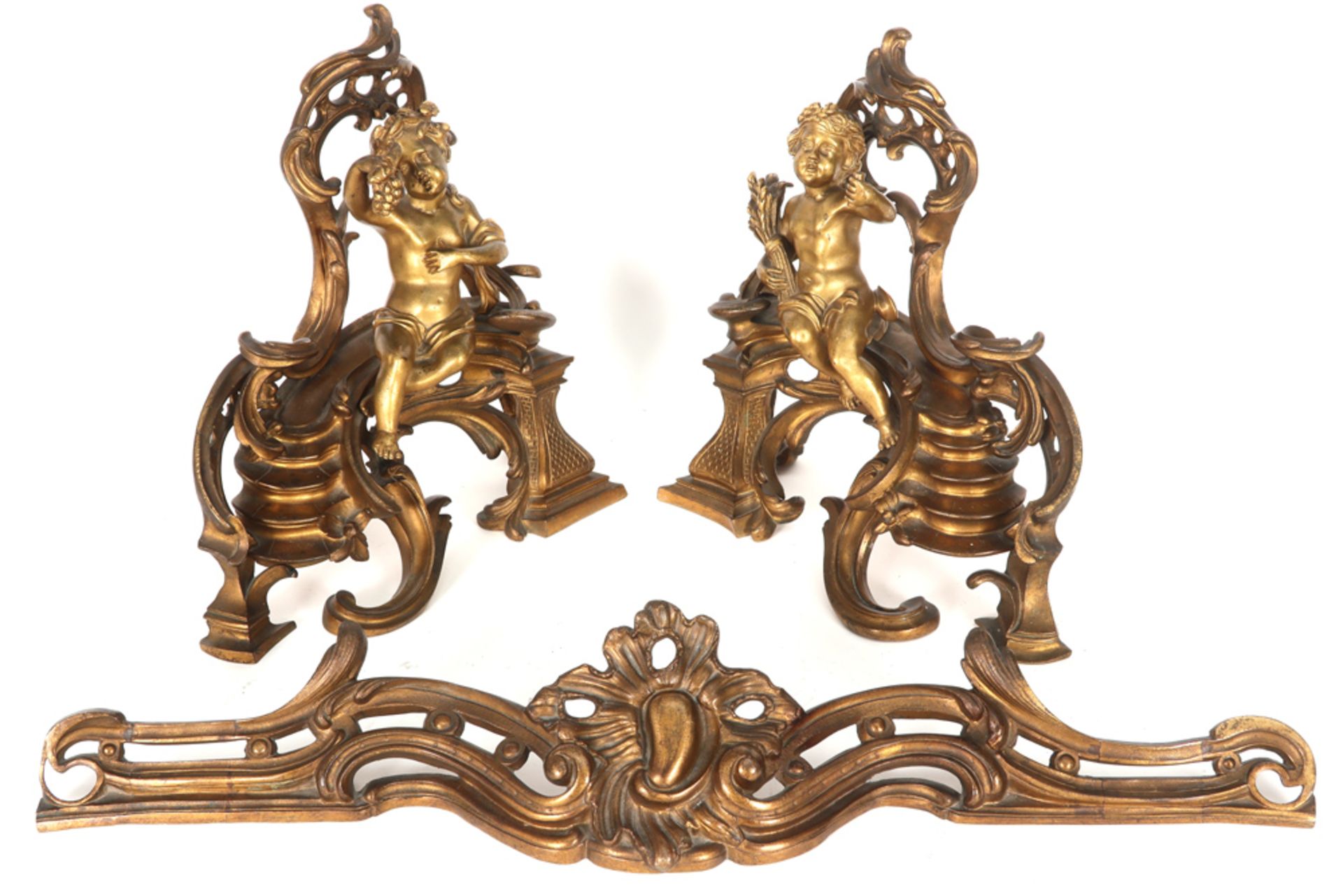'antique' Louis XV style fire irons set in partially gilded bronze with a pair of chenets each - Image 2 of 2