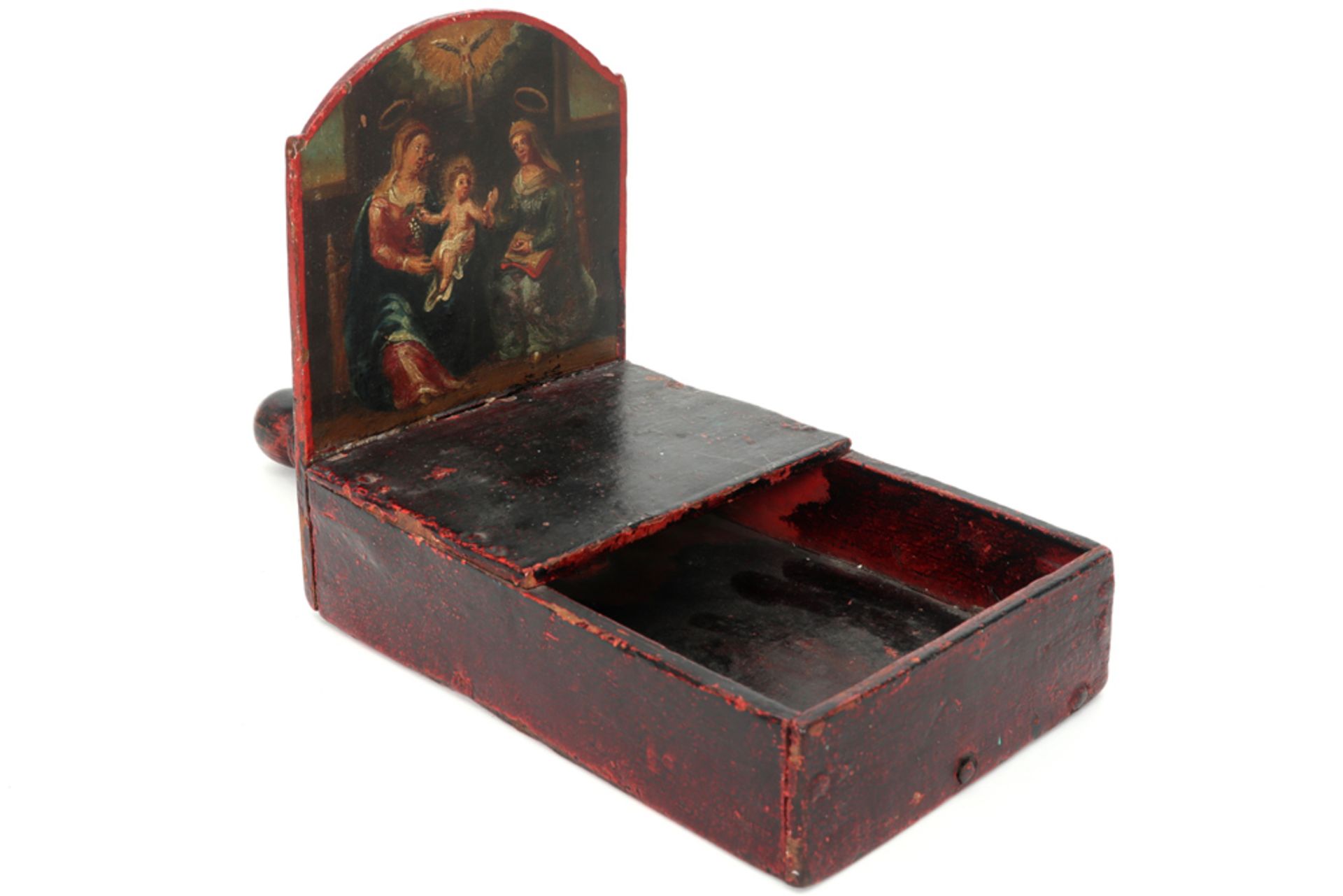 18th Cent. church money-collection box in painted wood with a small painting with a biblical