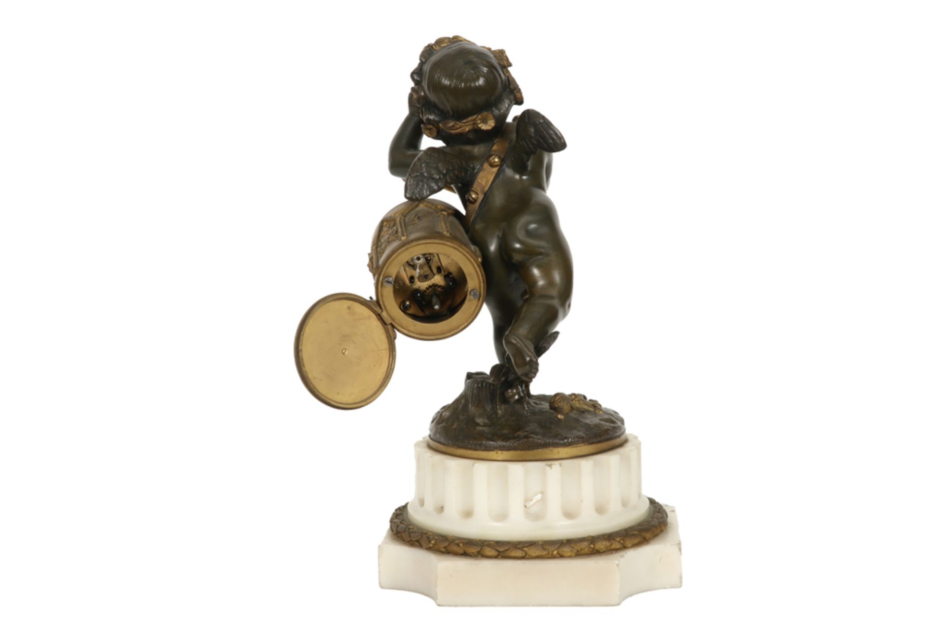 antique neoclassical sculpture with a cupid in partly decorated bronze that beats a drum, which - Image 4 of 6