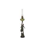 19th Cent. paraffin lamp in metal with glass container || Negentiende eeuwse petroleumlamp met
