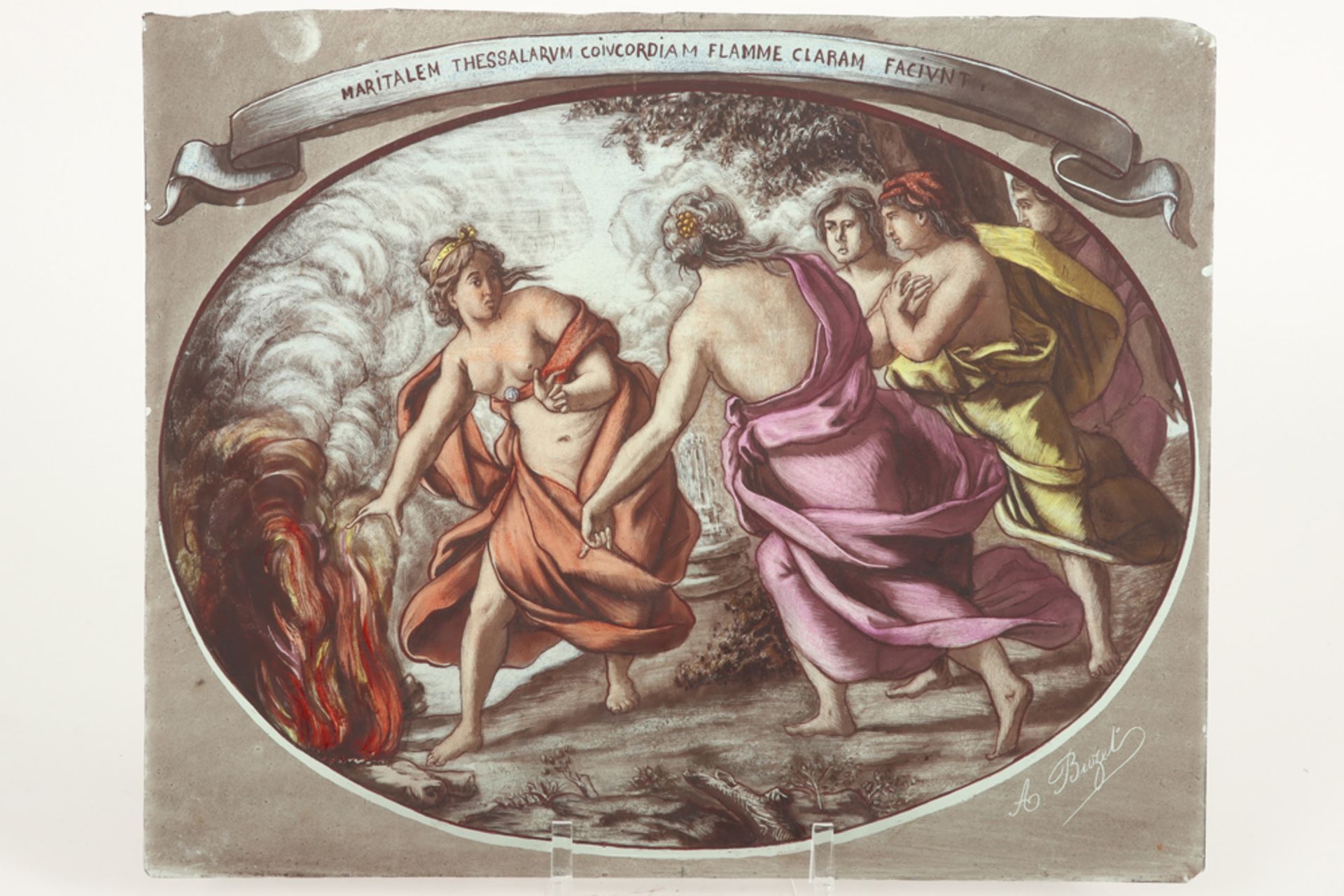 19th Cent.- A. Buzet signed painting on glass || BUZET A. negentiende eeuws glasraampje met