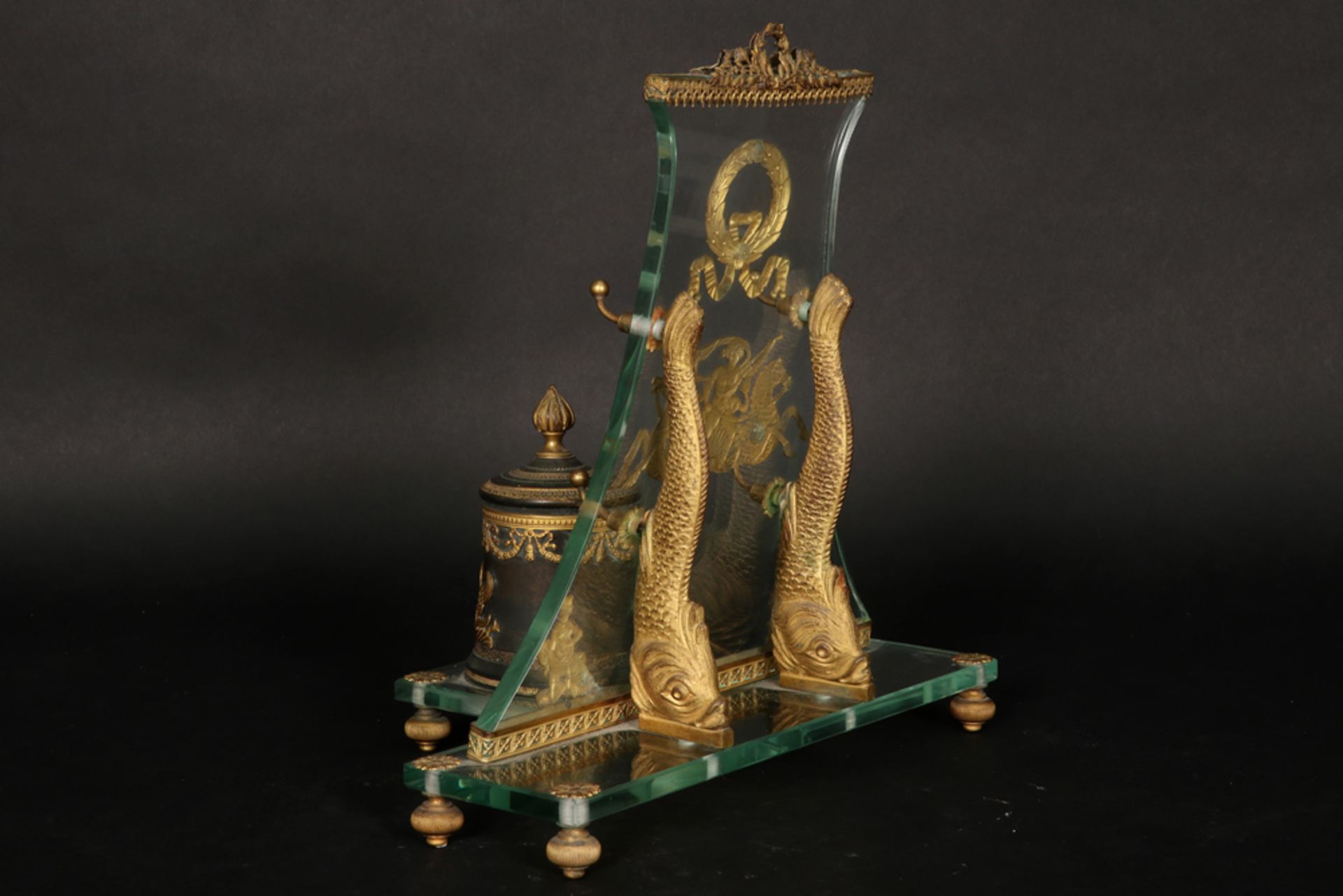 nice antique Empire style ink-stand in cut glass and partially gilded bronze || Mooi antiek Empire- - Image 3 of 3