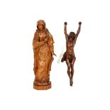 two sculptures in wood || Lot van twee houtsculpturen : "Christuscorpus" en "Madonna" - hoogtes : 50