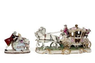two pieces of German porcelain : a small group of figures and a GDR marked "Coach" || Lot (2)