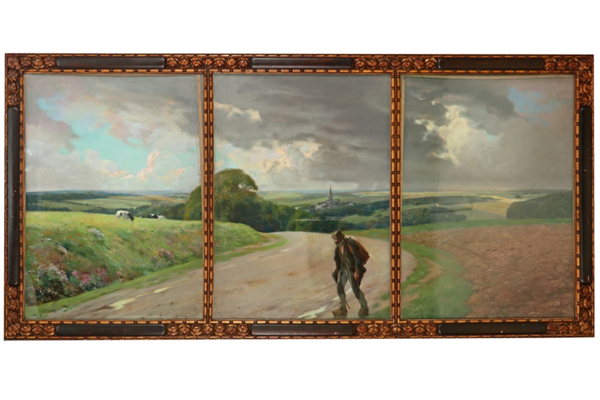 early 20th Cent. Belgian pastel triptych (on three canvasses) - signed Firmin Baes with on the - Image 9 of 11